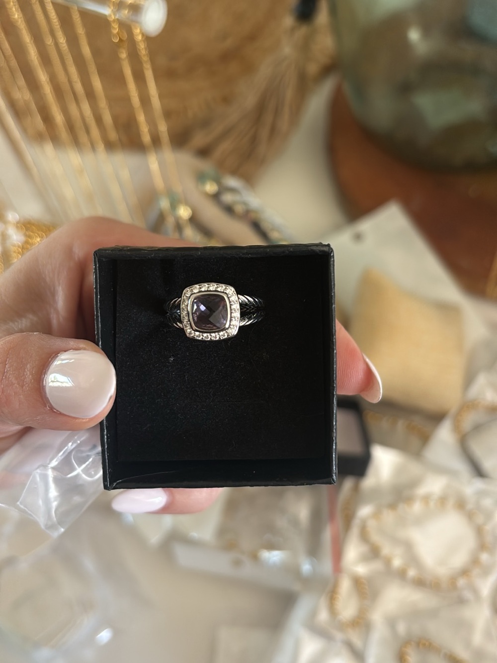 Sterling silver cable ring. Purple stone. Size7